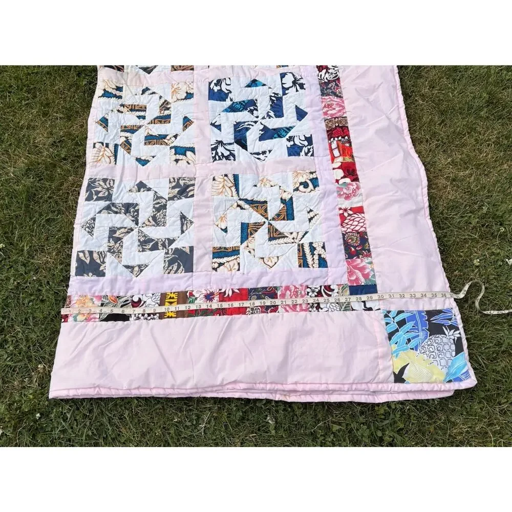 Vintage Handmade Hawaiian Pattern Patchwork Quilt Size 74x74 Pink M7